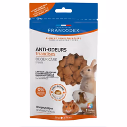 Les FRIANDISES ANTI-ODEURS FRANCODEX contiennent du Yucca, afin de limiter les mauvaises odeurs urinaires et digestives, ains ...