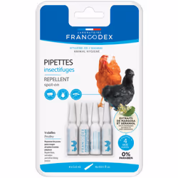 Pipettes insectifuges. Pour poules, oies et canards. LES + PRODUITS. Extraits de margosa et pyrèthre pour une action répulsiv ...