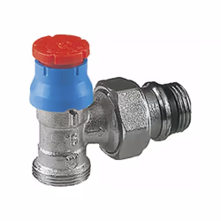 Robinet thermostatisable, modèle équerre avec douille auto-étanche, en laiton chromé Capuchon de chantier bleu/rouge. Plage d ...