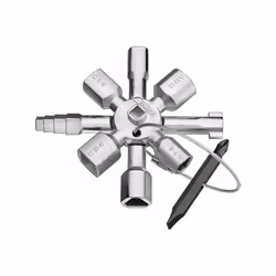 La clé gaz multifonction KNIPEX TwinKey® à huit faisceaux est constituée de deux croix qui sont emboîtées l'une dans l'autre ...