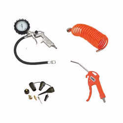 Kit d'accessoires compresseur : un tuyau spiralé 5 m équipé raccords rapide, une soufflette de nettoyage progressive, une poi ...
