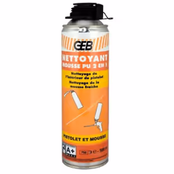 Nettoyant mousse polyuréthane 2 en 1 GEB - 813281 Aérosol 500 ml Description : Nettoyant pouvant à la fois se visser sur les  ...