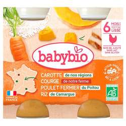 Babybio Carotte Butternut de Provence, Poulet Fermier du Poitou Riz de Camargue 6 Mois et + Bio 2 Pots de 200 g
