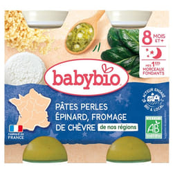 Babybio Bonne Nuit Pâtes Perles Épinard Fromage de Chèvre 8 Mois et + Bio 2 Pots de 200 g