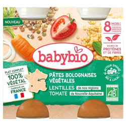 Babybio Pâtes Bolognaises Végétales Lentilles Tomate 8 Mois et + Bio 2 Pots de 200 g