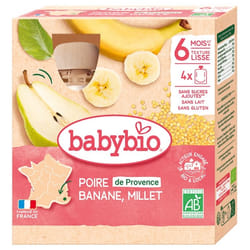 Babybio Poire Banane Millet 6 Mois et + Bio 4 Gourdes de 90 g