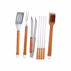 LOT DE 8 ACCESSOIRES BARBECUE 4 brochettes 44cm 1 pince 40cm 1 spatule 42cm 1 fourchette 42cm 1 brosse 42cm En acier inox ave ...