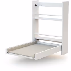 Une table à langer murale ESSENTIEL, compacte et pratique Elle se fixe au mur, s'ouvre et se ferme d'une seule main et est éq ...