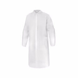 Blouse en polypropylène non tissé 30 g/m². Fermeture 4 boutons pressions. Col chemise. Manches montées. 2 poches basses plaqu ...