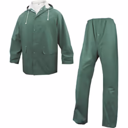 ENSEMBLE DE PLUIE POLYESTER ENDUIT DOUBLE FACE PVC. VESTE DE PLUIE IMPERMEABLE: capuche fixe. Fermeture par zip anti-froid so ...