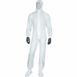 Combinaison avec cagoule élastiquée non-tissé microporeux laminé Type 5/6. Fermeture avec zip sous rabat. Elastique de serrag ...