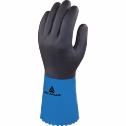 Découvrez le GANT DELTA PLUS PVC/NITRILE SUR SUPPORT POLYAMIDE de 30 cm en bleu, idéal pour une protection efficace dans dive ...