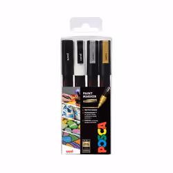 POSCA PC-3M x 4, Noir, Or, Argent, Blanc, Multicolore, 4 couleurs, Fin, Encre à base d'eau, Pointe ogive