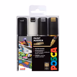 POSCA PC-8K, Noir, Or, Argent, Blanc, Multicolore, 4 couleurs, Encre à base d'eau, Pointe biseautée, Rond