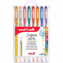 Pochette de 8 stylos roller gel Signo Pailletés UNI - Largeur décriture 1 mm - Assortiment de 8 couleurs