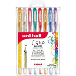 Pochette de 8 stylos roller gel Signo Pailletés UNI - Largeur décriture 1 mm - Assortiment de 8 couleurs