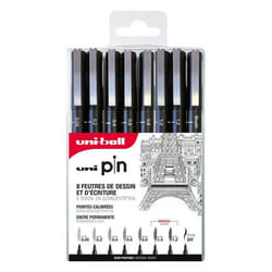 Feutres dessin et écriture - Noir - 8 pointes différentes - Uni-Ball - Uni Pin