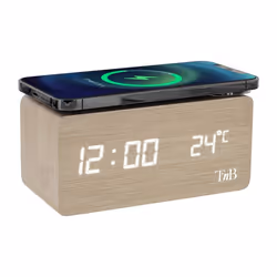 T’nB - Réveil Numérique Chargeur Induction sans Fil Smartphone Eclairage Ajustable 3 Alarmes Programmables – Finition Bois