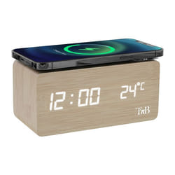 T’nB - Réveil Numérique Chargeur Induction sans Fil Smartphone Eclairage Ajustable 3 Alarmes Programmables – Finition Bois