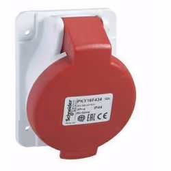 Fiche de panneau coudée PK Patrika connexion basse tension, 16A, IP44, IK08, 380V, 3P+T, 50-60 Hz, mesure 100x90x106mm, coule ...