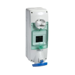 Prise socle 63A 2P+T saillie avec inter clapet bleu 200-250V 430x140x190mm avec boitier rail din 4M 6H IP65 PratiKa