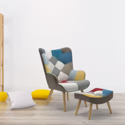 Fauteuil scandinave + pouf Lylou Tissu Patchwork