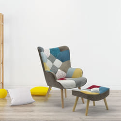 Fauteuil scandinave + pouf Lylou Tissu Patchwork