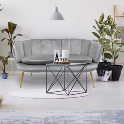 Canapé 2 places arrondi Brenda Velours Argent pieds Or