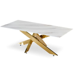 Table basse Naelle en Verre effet Marbre blanc et pieds Or