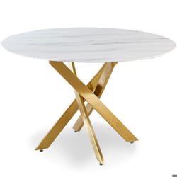 MENZZO Table ronde Corix Verre effet Marbre Blanc et pieds Or - table à manger L120 x P120 x H75 cmVerre de 8mm dépaisseur