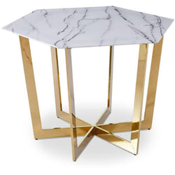 Table hexagonale 120cm Zadig Verre Effet marbre blanc et pied Métal Or