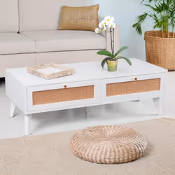 Table basse 2 tiroirs avec cannage Dalgora L120cm Blanc