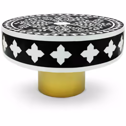 Table basse ronde style arty Ø71cm Viliana Motif végétal noir et blanc et pied Or