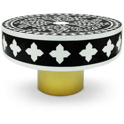 Table basse ronde style arty Ø71cm Viliana Motif végétal noir et blanc et pied Or