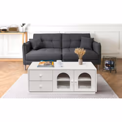 Table basse 100cm blanc texturé avec tiroirs et portes vitrées Coloris BLANC Cette table basse VOLOS de 100cm de large est un ...