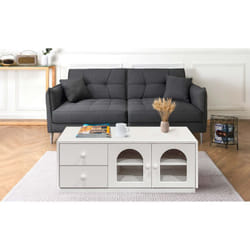 Menzzo - Table basse 60x100cm avec portes et tiroirs style naturel chic Volos Blanc texturé