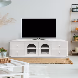 Meuble TV 140cm blanc texturé avec tiroirs et portes vitrées Coloris BLANC Ce meuble TV VOLOS de 140cm de large sur 40cm de p ...