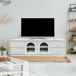 Menzzo - Meuble tv 140cm avec portes et tiroirs style naturel chic Volos Blanc texturé