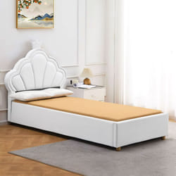 Lit simple avec tête de lit coquillage et sommier relevable Queenie Simili Blanc