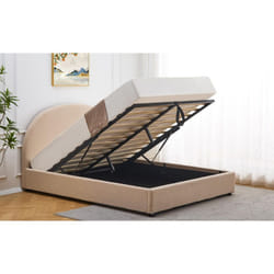 Lit-coffre complet avec tête de lit arrondie Bowiz 160x200cm Tissu bouclette Beige