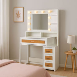 Coiffeuse 4 tiroirs et miroir led 3 couleurs Miraclas L92cm Bois Blanc et Rotin