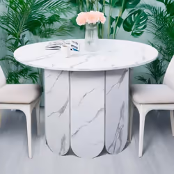 Table ronde style japandi extensible 310cm Tulipa rallonges intégrées Effet marbre Blanc