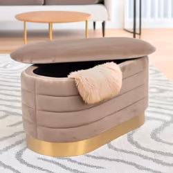 Banquette-coffre moderne matelassée avec base dorée Philae Velours Taupe