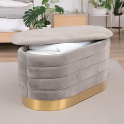 Banquette-coffre moderne matelassée avec base dorée Philae Velours Gris clair