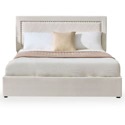 Lit coffre Sandiego avec sommier relevable 160x200cm et tête de lit cloutée Velours Beige clair