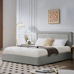 Menzzo Lit Coffre Sandiego Avec Sommier Relevable 180x200cm Et Tête De Lit Cloutée Velours Gris Clair
