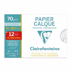 Pochette Calque - CLAIRE FONTAINE - 21x297 cm - 12 feuilles + 3 gratuites - 70/75g - Blanc