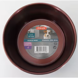 Ecuelle inox 1.1l ø 17 cm pour chiens. couleurs rouge bordeaux à l'intérieur et gris bleu a extérieur. Avec bande anti-dérape ...