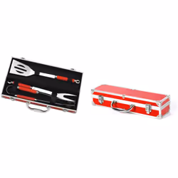 Mallette de 3 ustensiles en inox pour barbecue (pince, spatule et fourchette) - Rouge