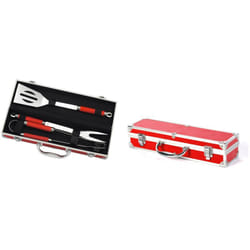 Mallette de 3 ustensiles en inox pour barbecue (pince, spatule et fourchette) - Rouge